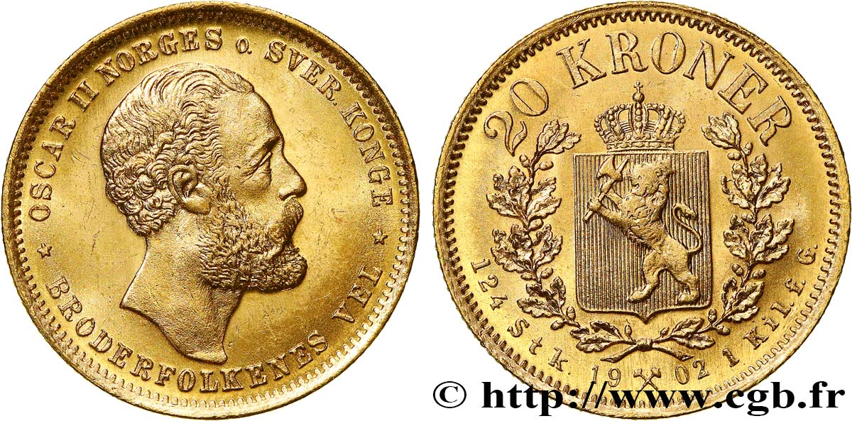 NORVÈGE - ROYAUME DE NORVÈGE - OSCAR II 20 Kroner 1902 Kongsberg EBC 