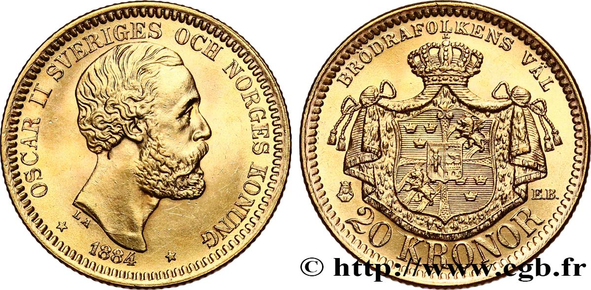 SUÈDE - ROYAUME DE SUÈDE - OSCAR II 20 kronor Oscar II, 3e type 1884 Stockholm SUP 
