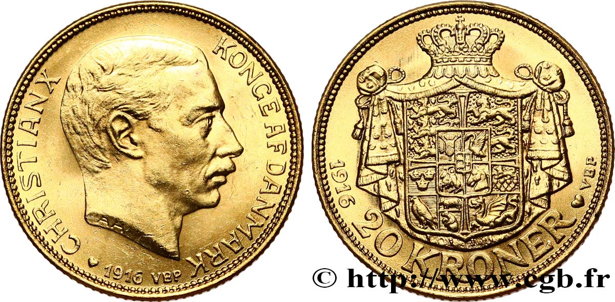 DENMARK 20 Kroner Christian X 1916 Copenhague AU 