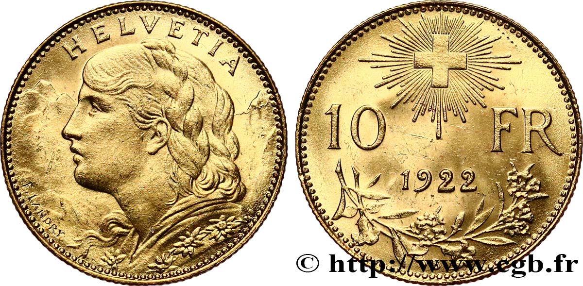 SVIZZERA  10 Francs  Vreneli  1922 Berne SPL 