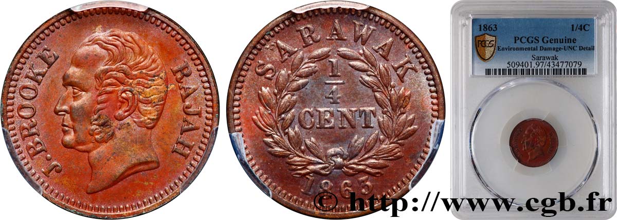 SARAWAK 1/4 Cent Rajah James Brooke  1863 Birmingham fST PCGS