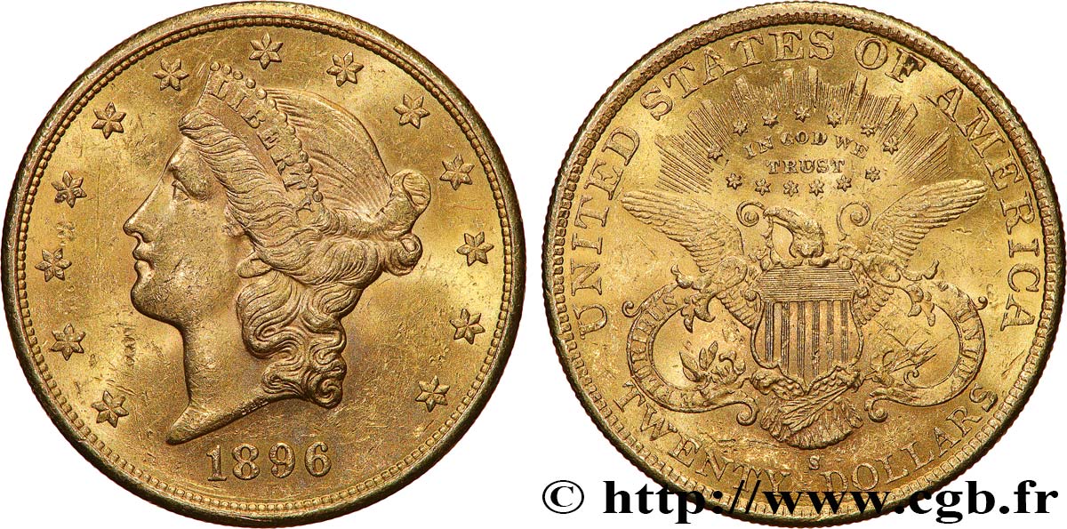 INVESTMENT GOLD 20 Dollars  Liberty  1896 San Francisco MBC+ 