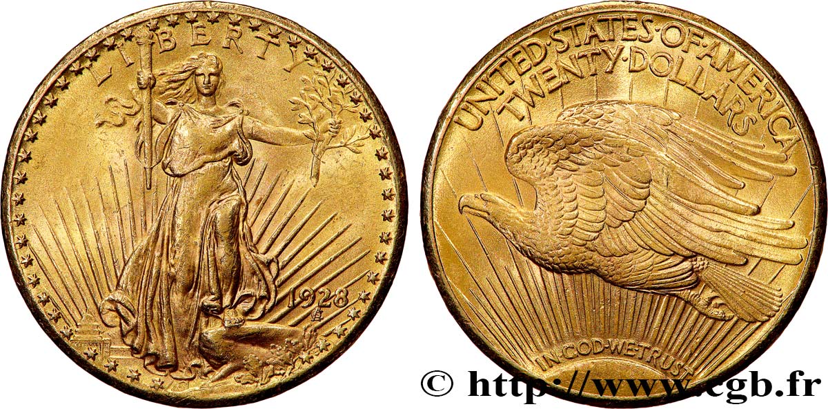OR, PALLADIUM ET PLATINE INVESTISSEMENT 20 Dollars  Saint-Gaudens” 1928 Philadelphie SUP 