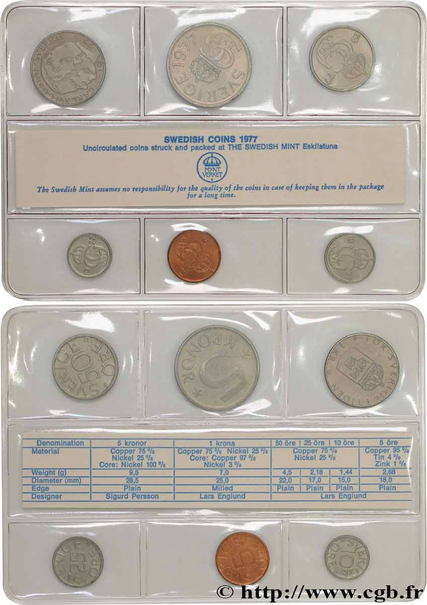 SUÈDE Série FDC de 6 monnaies - Version anglaise 1977 Monnaie de Suède - Eskilstuna FDC 