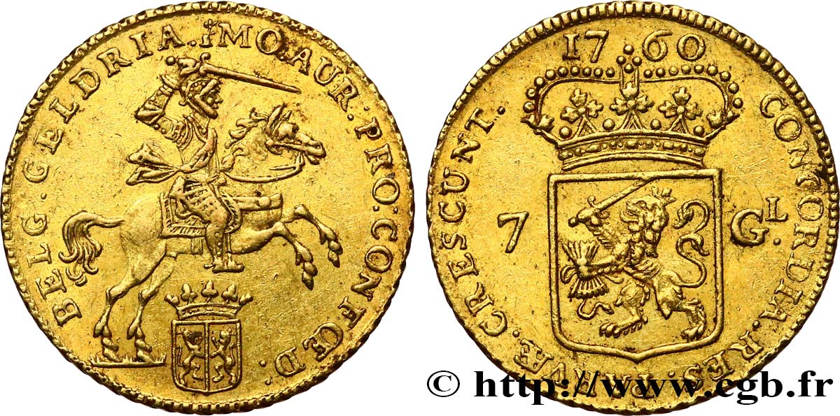 NETHERLANDS - UNITED PROVINCES - HOLLAND 7 Gulden ou demi-cavalier d or 1760 Dordrecht AU 