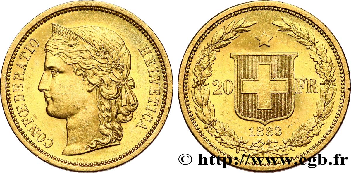 SCHWEIZ 20 Francs buste diadémé d Helvetia 1883 Berne VZ 