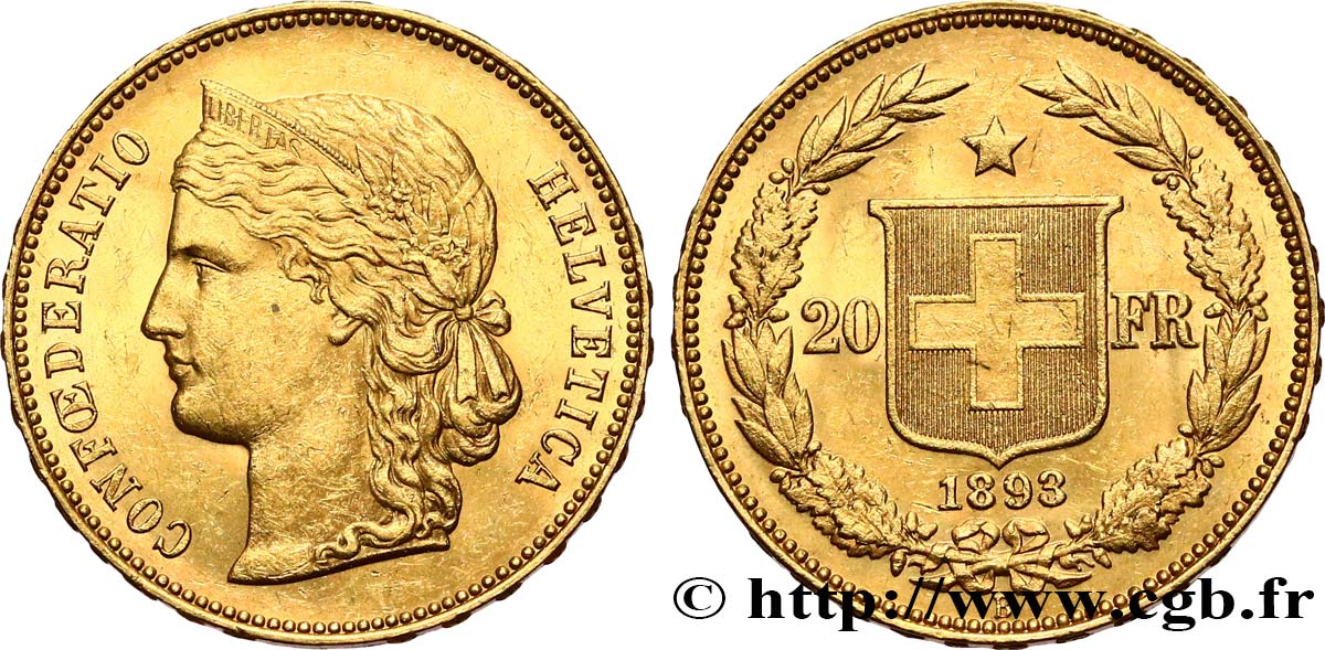 SUISSE - CONFEDERATION 20 Francs Helvetia 1893 Berne fVZ 