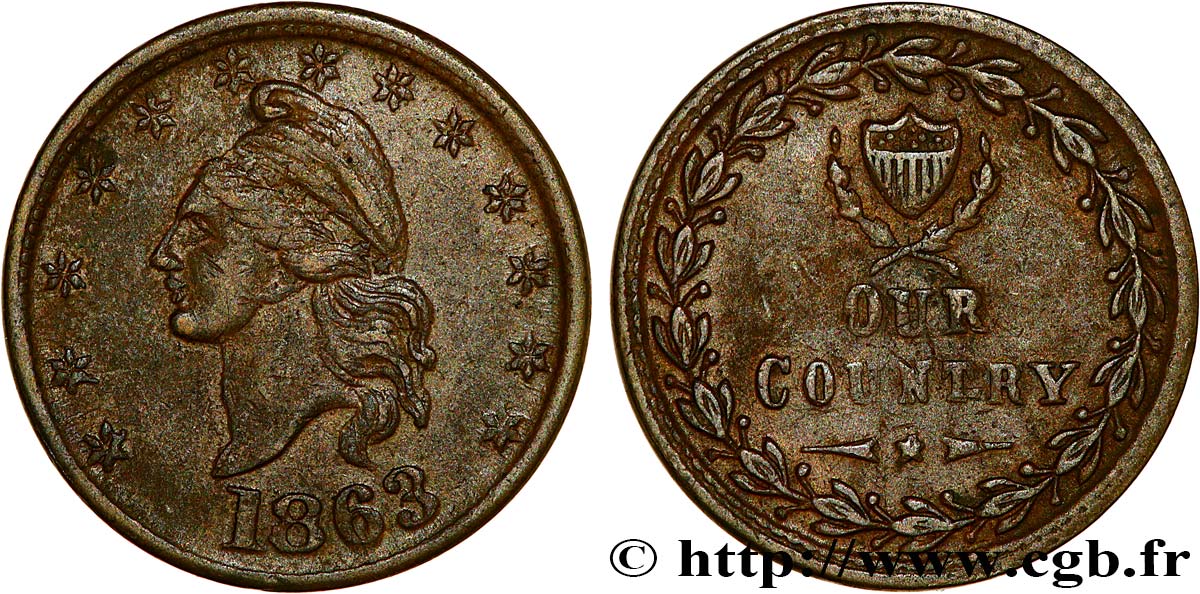 ÉTATS-UNIS D AMÉRIQUE 1 Cent (1861-1864) “civil war token” Liberté 1863  TTB
 
