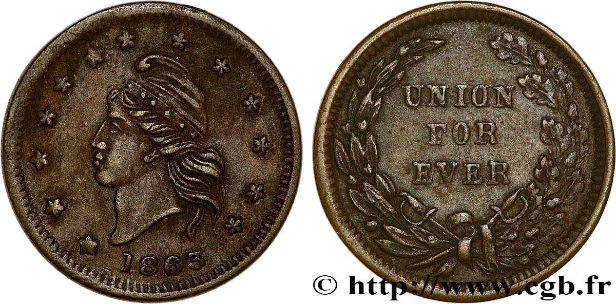ÉTATS-UNIS D AMÉRIQUE 1 Cent (1861-1864) “civil war token” Liberté 1863  TTB+
 