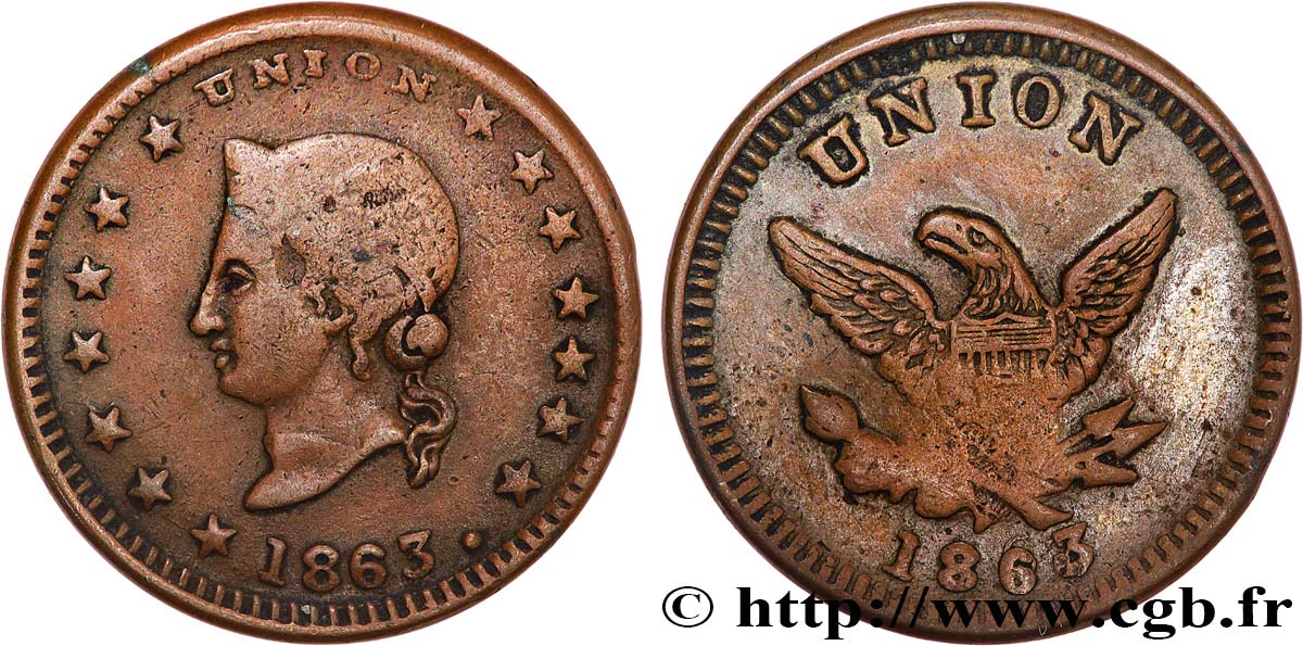 ÉTATS-UNIS D AMÉRIQUE 1 Cent (1861-1864) “civil war token” Union 1863  TB+
 