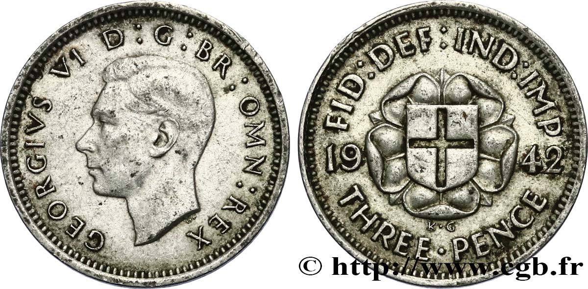 UNITED KINGDOM 3 Pence Georges VI  1942  XF 