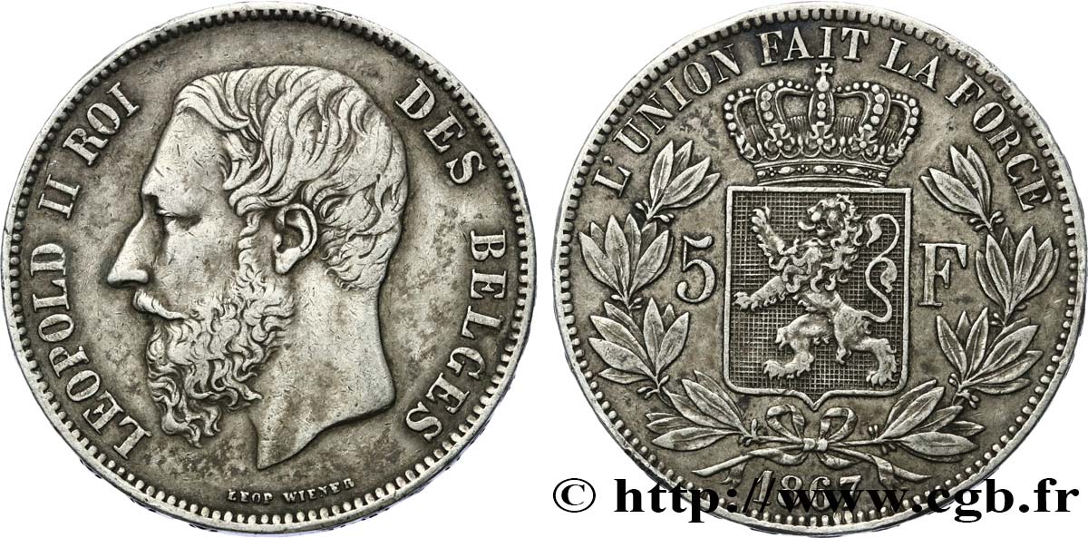 BELGIQUE 5 Francs Léopold II 1867  TB+ 