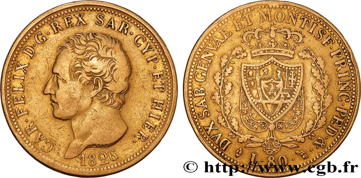 ITALY - KINGDOM OF SARDINIA - CHARLES-FELIX 80 Lire 1826 Turin XF 