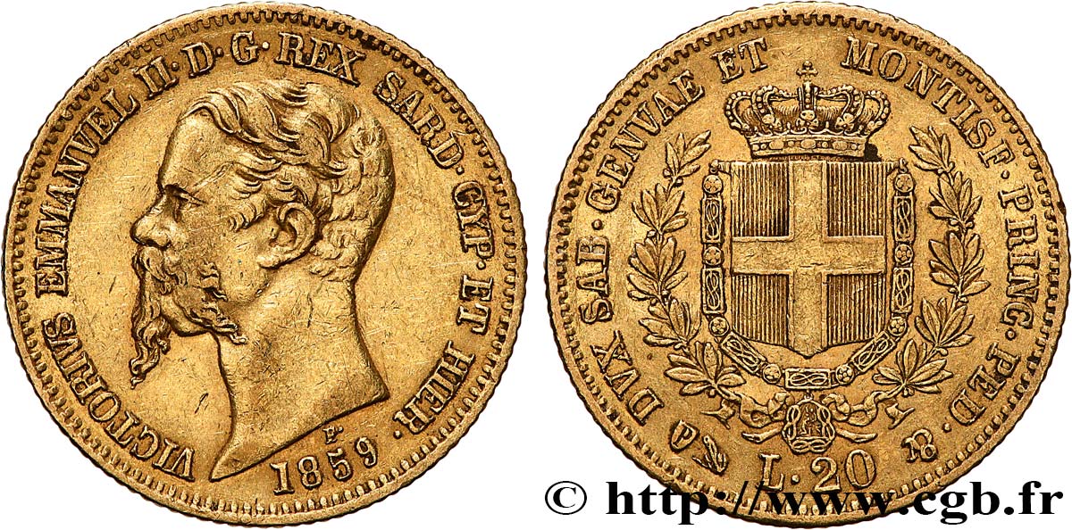 ITALIA - REINO DE CERDEÑA - VÍCTOR-MANUEL II 20 Lire  1859 Gênes MBC+ 