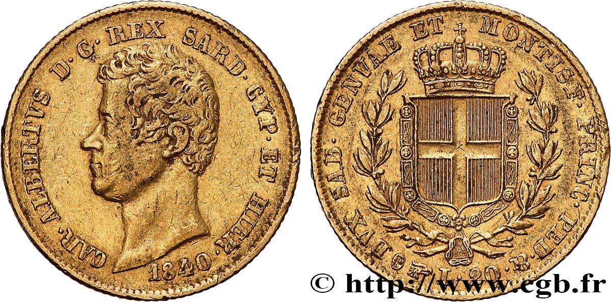 ITALY - KINGDOM OF SARDINIA - CHARLES-ALBERT 20 Lire  1840 Turin XF 