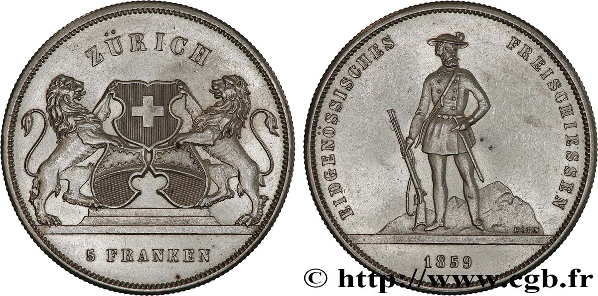 SWITZERLAND - CANTON OF ZÜRICH 5 Franken Tir de Zurich 1859  AU 