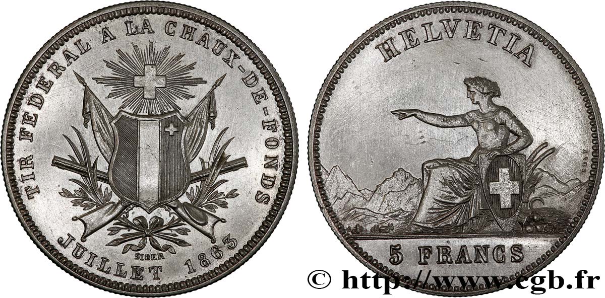 SUISSE 5 Francs Tir fédéral de la Chaux-de-Fond 1863  TTB+ 