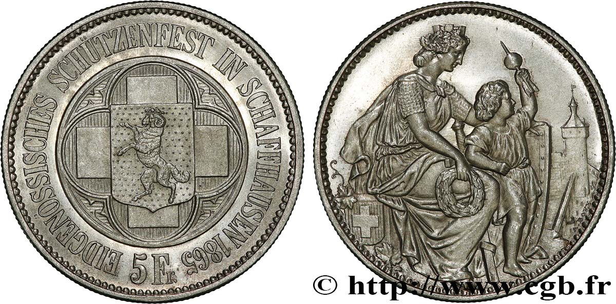 SWITZERLAND 5 Francs Tir de Schaffhouse (Schaffhaussen) 1865  AU 