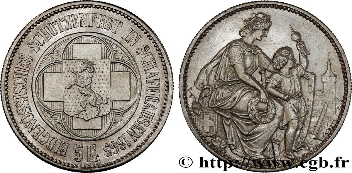SUISSE 5 Francs Tir de Schaffhouse (Schaffhaussen) 1865  SUP 
