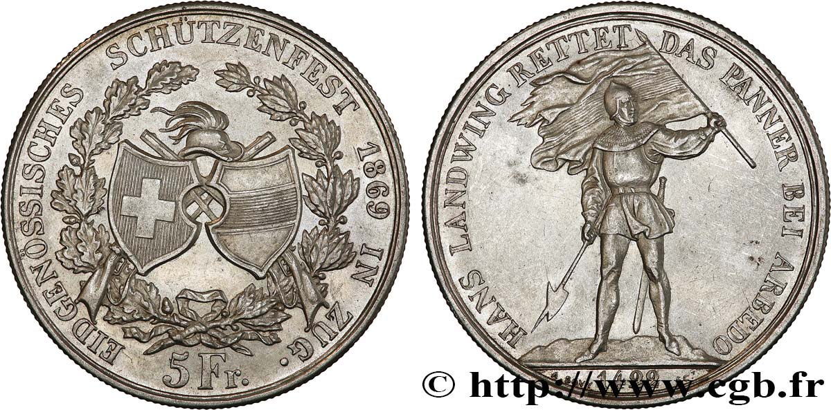SUISSE 5 Francs, monnaie de Tir, Zoug 1869  SUP 
