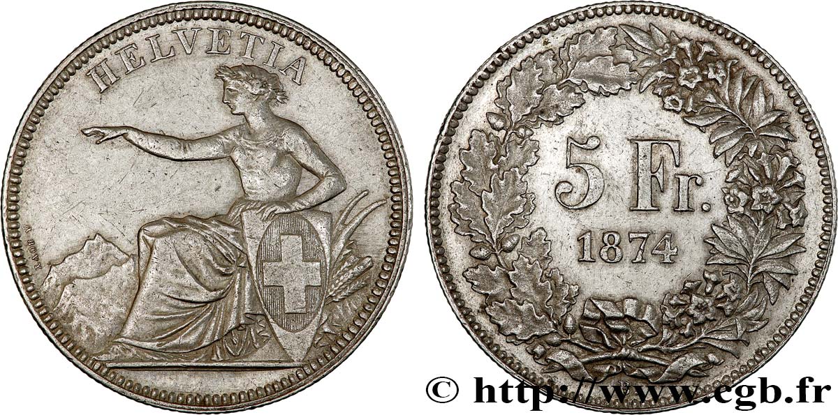 SUISSE 5 Francs Helvetia assise 1874 Bruxelles TTB+ 