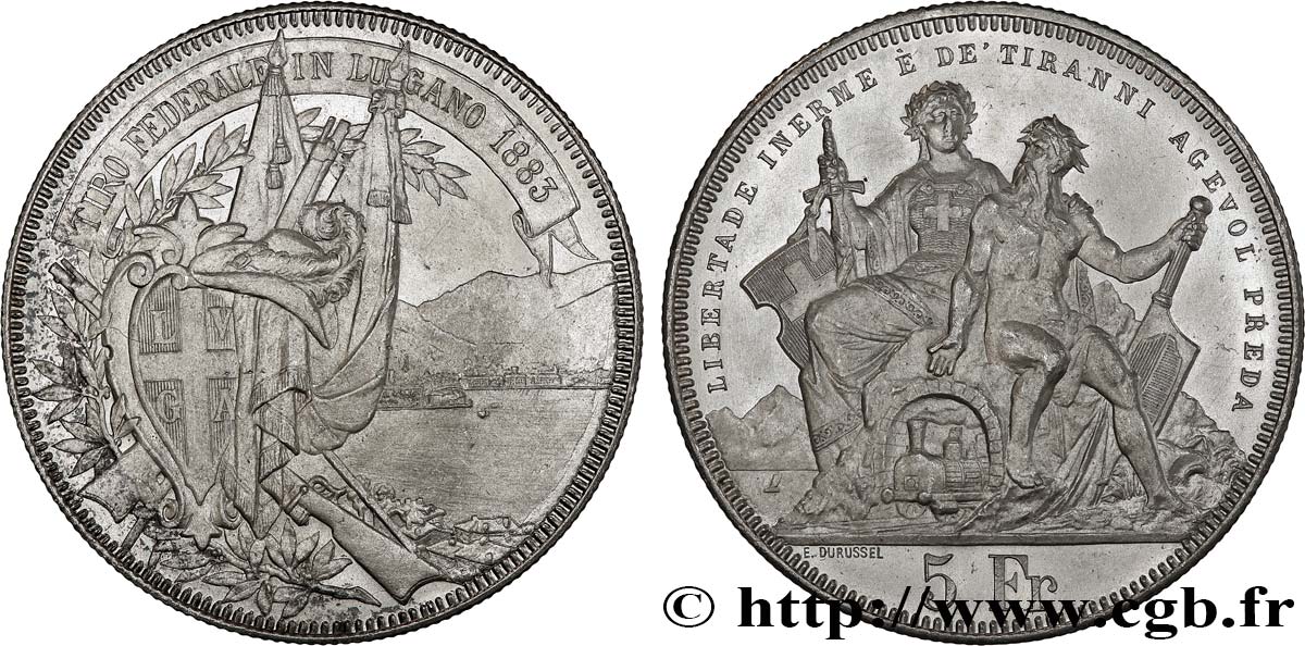 SVIZZERA  5 Francs, concours de Tir de Lugano 1883  SPL 
