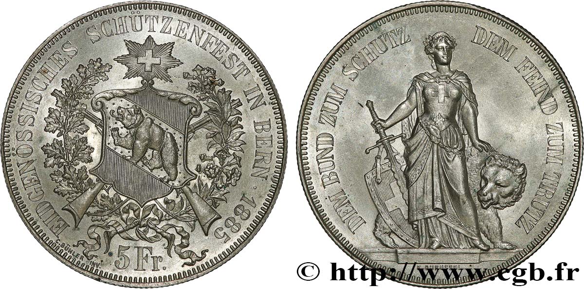 SWITZERLAND 5 Francs concours de Tir de Berne 1885  MS 