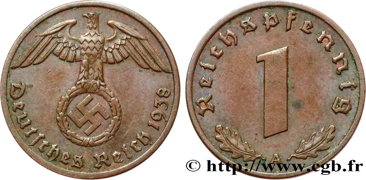 ALEMANIA 1 Reichspfennig aigle et swastika 1938 Berlin MBC+ 