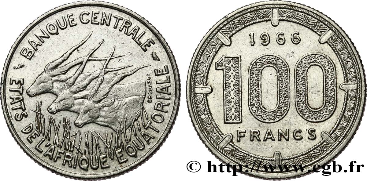 ÁFRICA ECUATORIAL  100 Francs antilopes 1966 Paris EBC 