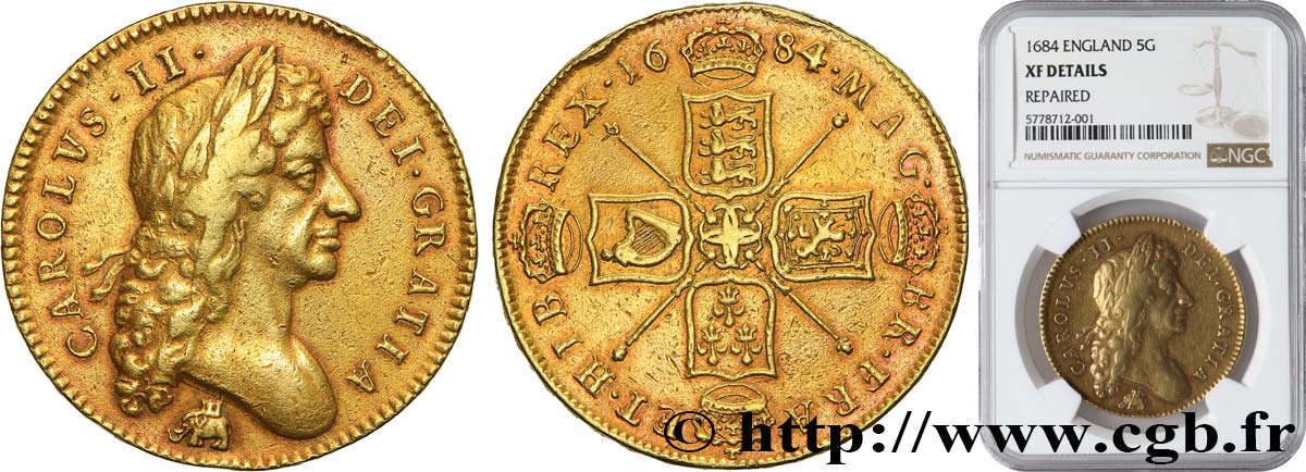 ENGLAND - KINGDOM OF ENGLAND - CHARLES II 5 Guinées 1684 Londres XF NGC