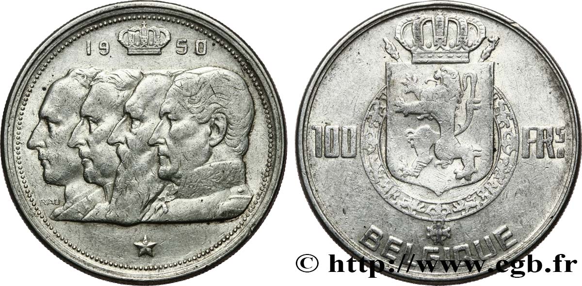 BELGIQUE 100 Francs portraits des quatre rois de Belgique, légende française 1950  TTB 