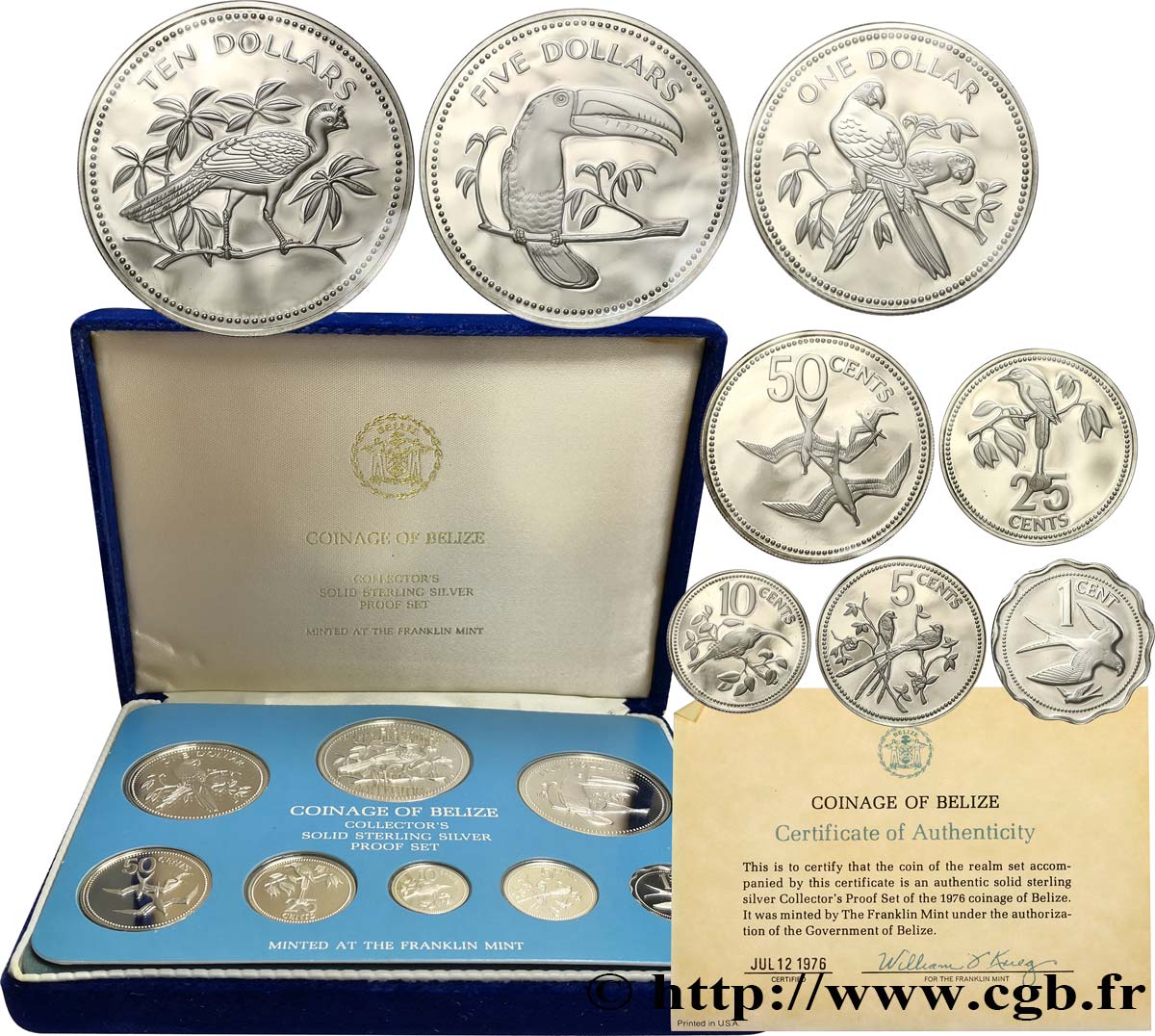 BELIZE Série Proof 8 monnaies emblèmes / oiseaux 1976 Franklin Mint MS 