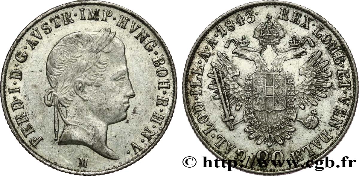 ITALY - KINGDOM OF LOMBARDY-VENETIA - FERDINAND I 20 Kreuzer Ferdinand Ier 1843 Milan XF/AU 