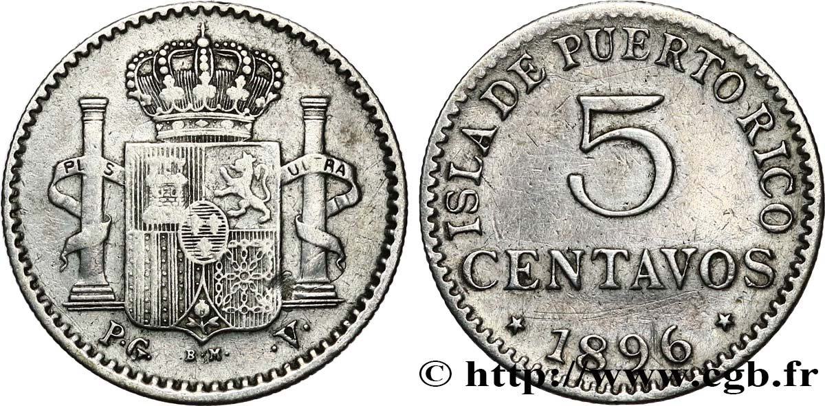 PUERTO RICO 5 Centavos 1896  VF 