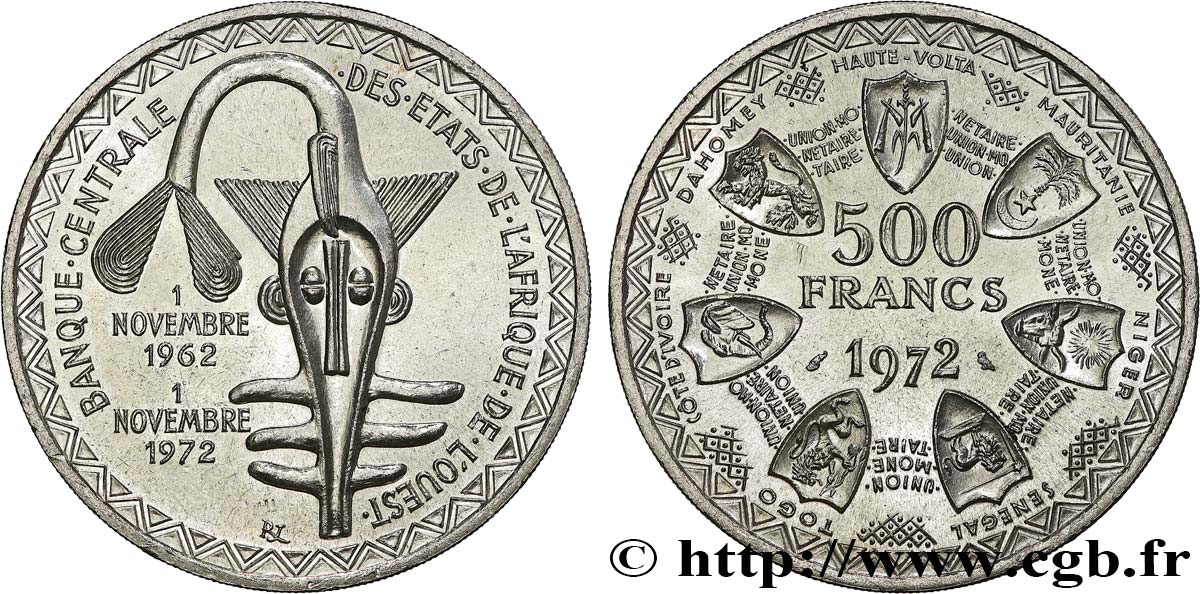 ÉTATS DE L&nbsp;AFRIQUE DE L&nbsp;OUEST (BCEAO) 500 Francs BCEAO 1972 Paris SPL 