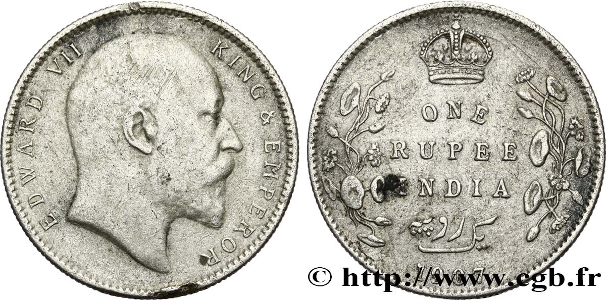BRITISCH-INDIEN 1 Rupee (Roupie) Edouard VII 1907 Calcutta fSS 