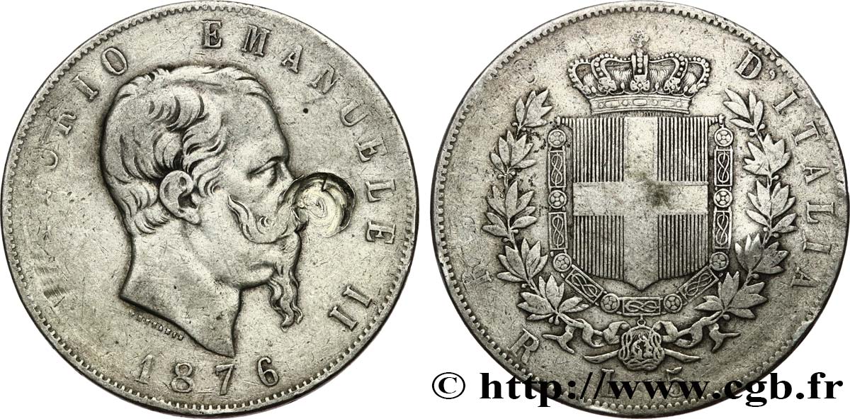 ITALIA 5 Lire Victor Emmanuel II 1876 Rome MB 