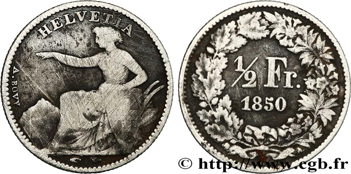 SUIZA 1/2 Franc Helvetia 1850 Paris RC+/BC 
