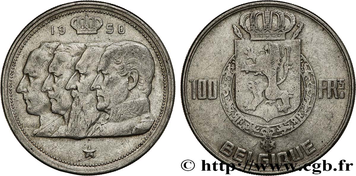 BELGIQUE 100 Francs portraits des quatre rois de Belgique, légende française 1950  TTB 