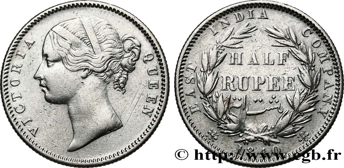 INDES BRITANNIQUES 1/2 Rupee (Roupie) East India Company Victoria 1840 Bombay ou Calcutta TTB 