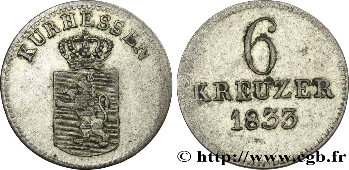 GERMANY - HESSE 6 Kreuzer  1833  XF 