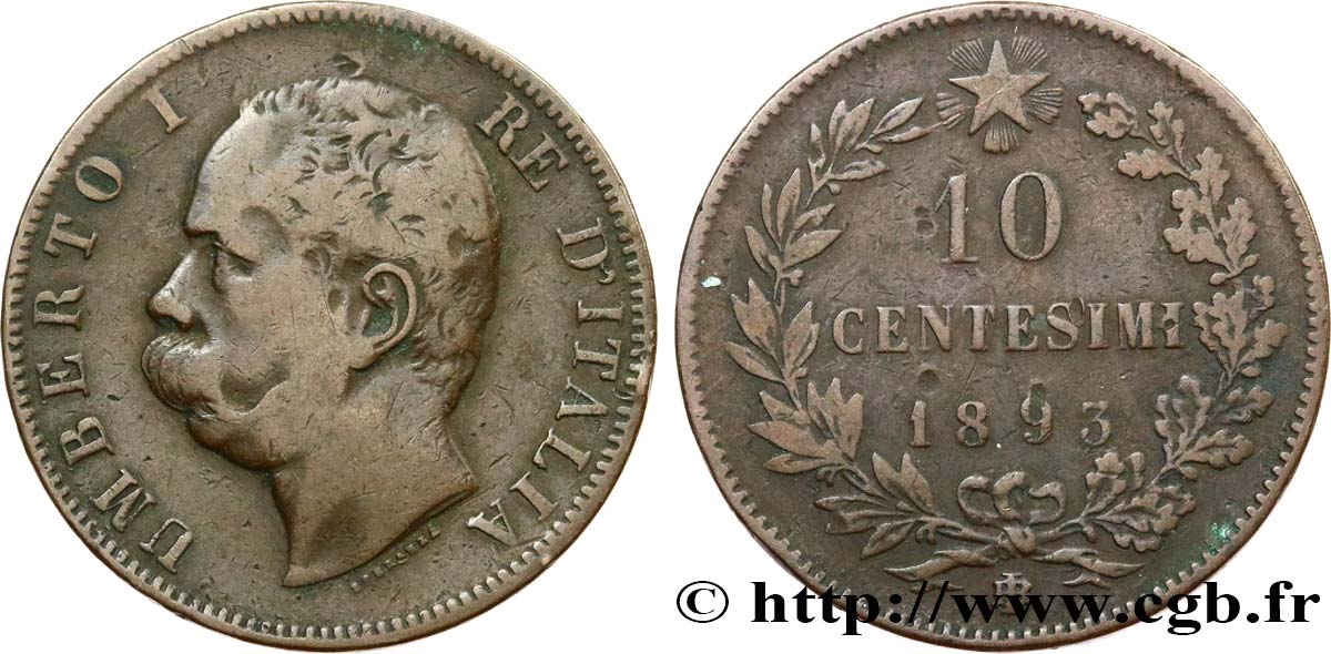 ITALIA 10 Centesimi Humbert Ier 1893 Birmingham BC 