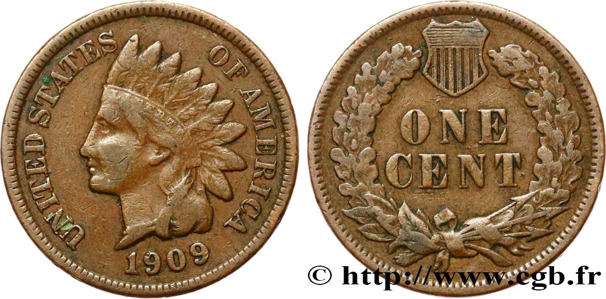 ÉTATS-UNIS D AMÉRIQUE 1 Cent tête d’indien, 3e type 1909 Philadelphie TTB 