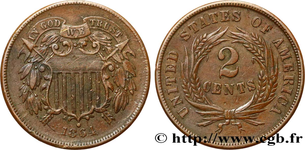 UNITED STATES OF AMERICA 2 Cents - Union Shield 1864 Philadelphie XF 