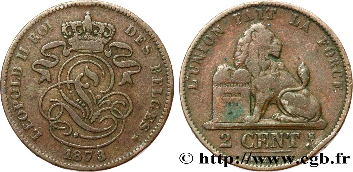 BÉLGICA 2 Centimes lion monogramme de Léopold II 1873  BC+ 