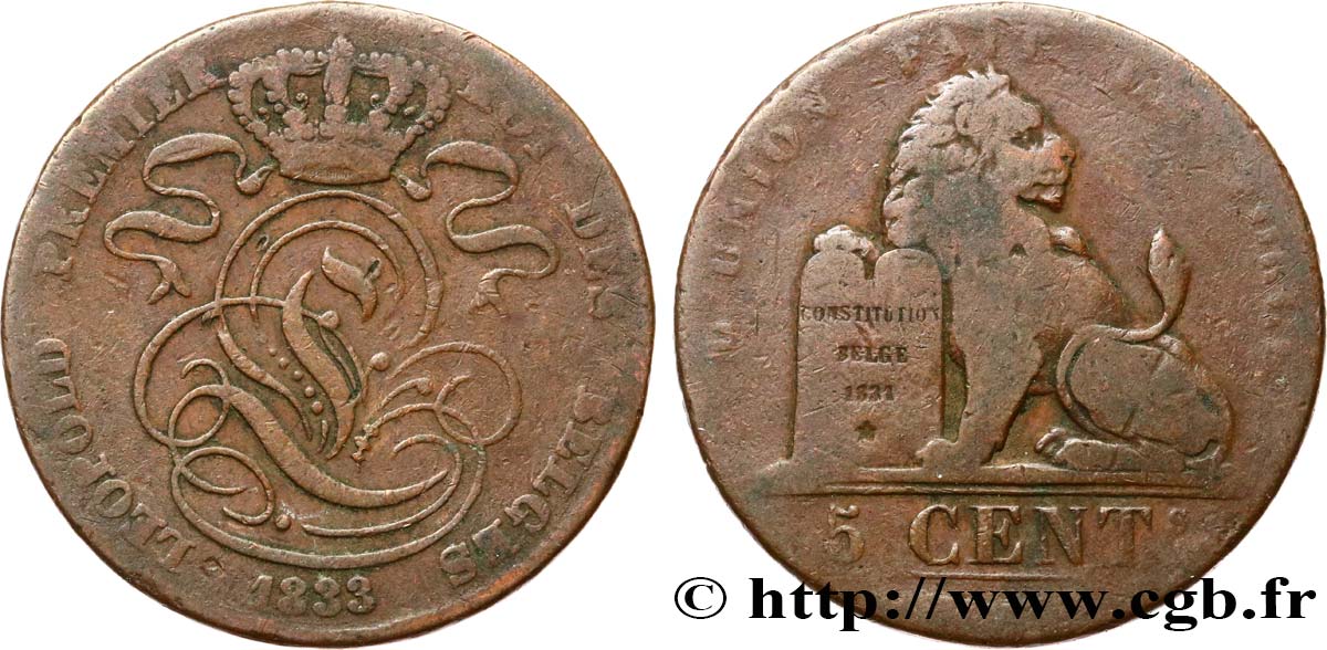 BELGIEN 5 Centimes Léopold Ier 1833  S 