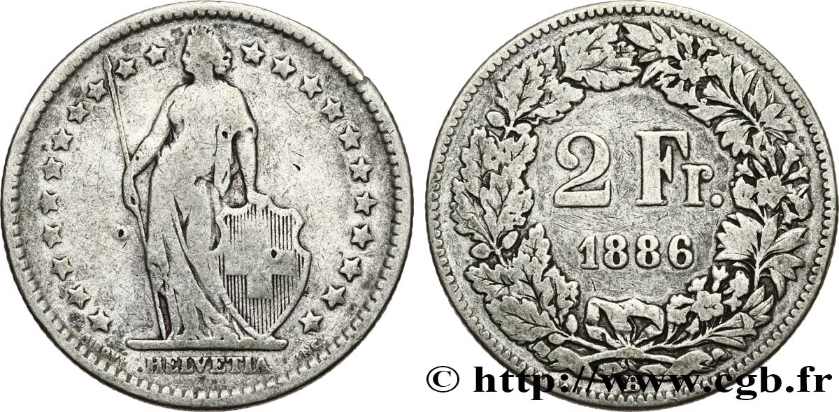 SWITZERLAND 2 Francs Helvetia 1886 Berne VF 