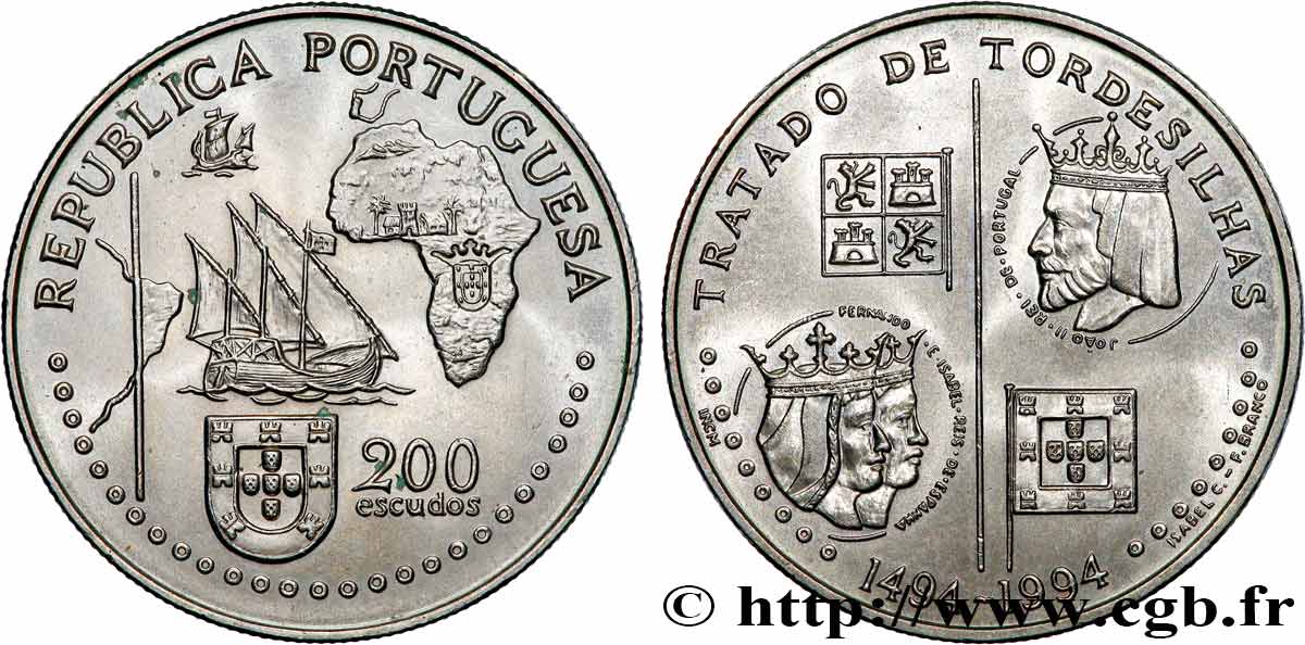 PORTUGAL 200 Escudos Traité de Tordesillas en 1494 1994  SPL 