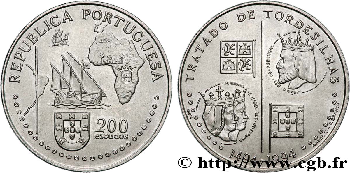 PORTUGAL 200 Escudos Traité de Tordesillas en 1494 1994  fST 