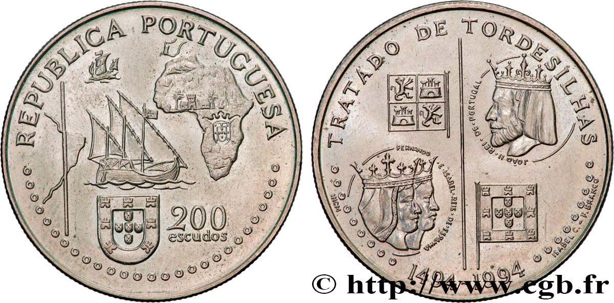 PORTUGAL 200 Escudos Traité de Tordesillas en 1494 1994  SC 
